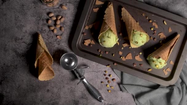 Balls Pistachio Ice Cream Waffle Cones Dark Background — Stock Video