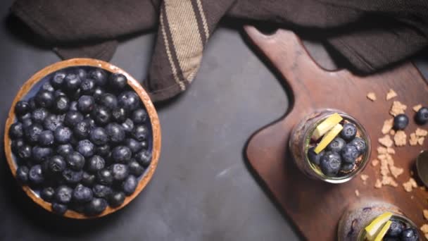 Chia Pudding Blueberries Dark Table — Stock Video