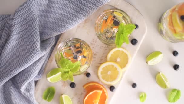 Summer Healthy Cocktails Citrus Infused Waters Lemonades Mojitos Lime Lemon — Stock Video