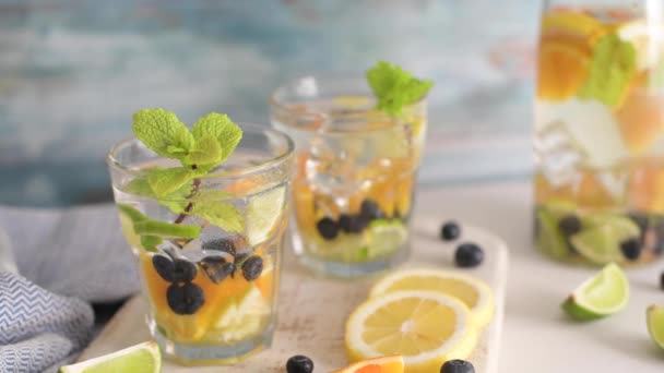 Nyári Egészséges Koktélok Citrusfélékből Limonádékból Vagy Mojitókból Citrom Narancs Áfonyával — Stock videók