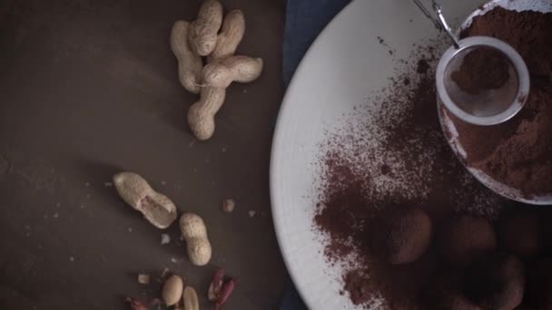 ココアパウダーとピーナッツのプレート上のクラフトチョコレートトリュフ — ストック動画