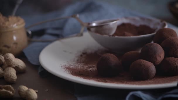 Шоколадные Трюфели Тарелке Какао Порошком Арахисом — стоковое видео