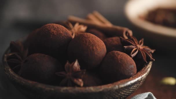 Trufas Chocolate Artesanales Plato Con Cacao Polvo Cacahuetes — Vídeos de Stock