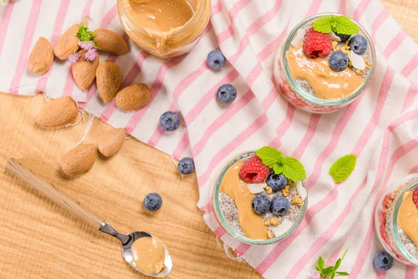 Chia Pudding Oat Berries Glass Jar Rustic Background — Stock Photo, Image