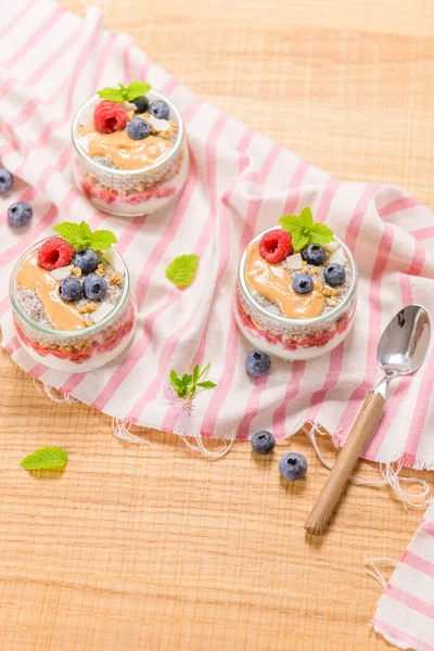 Chia Pudding Oat Berries Glass Jar Rustic Background — Stock Photo, Image