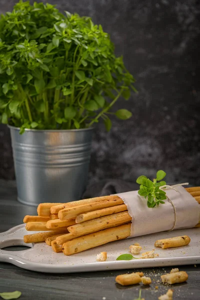 Fresh Baked Homemade Grissini Bread Sticks White Ceramic Tray Olive — Stock Photo, Image