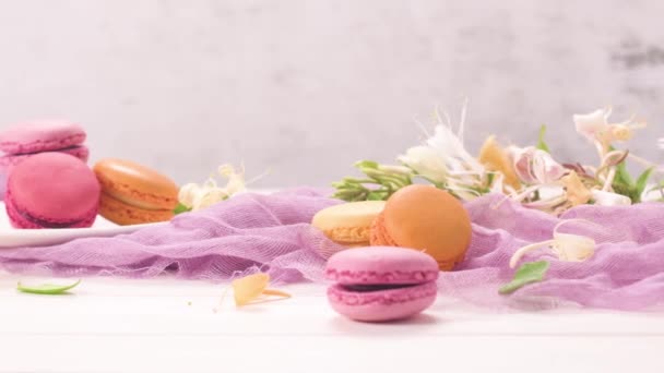Μια Γαλλική Γλυκιά Λιχουδιά Μακαρονάδες Ποικιλία Closeup Χρώμα Φρέσκων Μακαρονών — Αρχείο Βίντεο