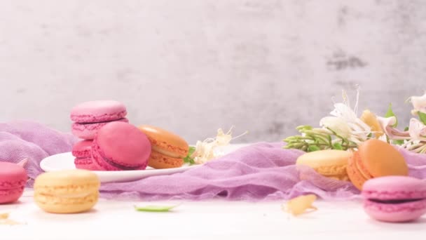 Uma Iguaria Doce Francesa Macaroons Variedade Closeup Cor Macarroons Frescos — Vídeo de Stock