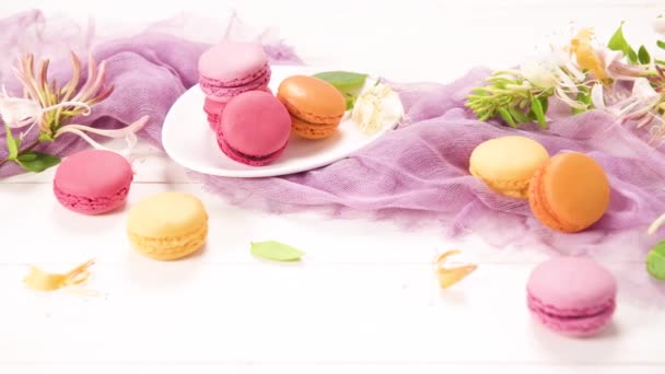 Egy Francia Édes Finomság Macaroons Változatos Közelkép Színes Friss Makaróni — Stock videók