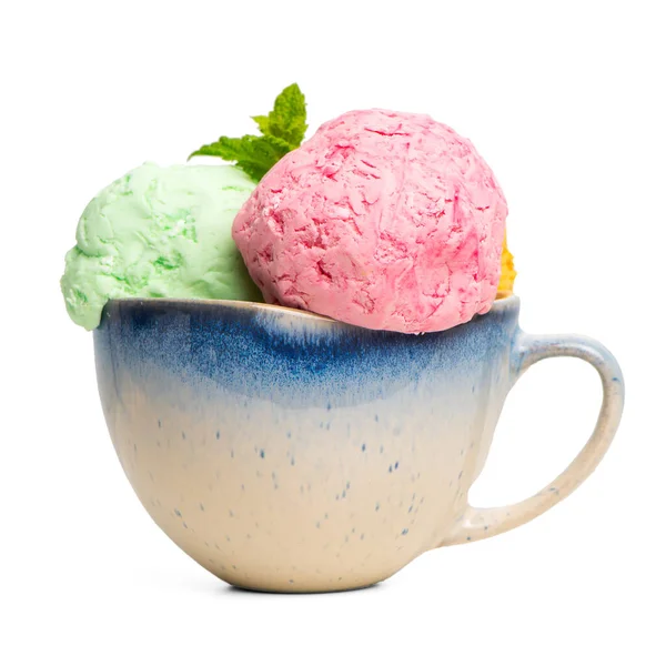 Cuenco Cerámica Varias Bolas Helado Colores Con Hojas Menta Aisladas —  Fotos de Stock