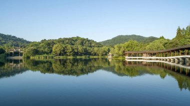 gün batımında göl suyu, söğüt catkins ve bulutlu gökyüzü ile renkli dramatik manzara.