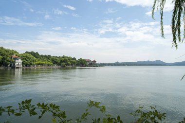 gün batımında göl suyu, söğüt catkins ve bulutlu gökyüzü ile renkli dramatik manzara.