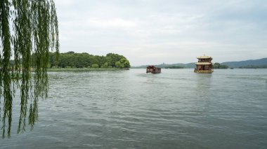 gün batımında göl suyu, söğüt catkins ve bulutlu gökyüzü ile renkli dramatik manzara.