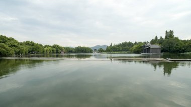 gün batımında göl suyu, söğüt catkins ve bulutlu gökyüzü ile renkli dramatik manzara.