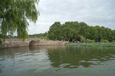 gün batımında göl suyu, söğüt catkins ve bulutlu gökyüzü ile renkli dramatik manzara.