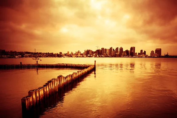 Gyönyörű Naplemente San Diego Skyline Bay Fából Készült Hozzászólás — Stock Fotó