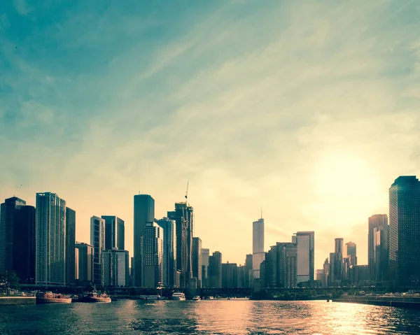 Downtown Chicago Panoramę Miasta Zachodzie Słońca Budynków Jezioro Michigan — Zdjęcie stockowe