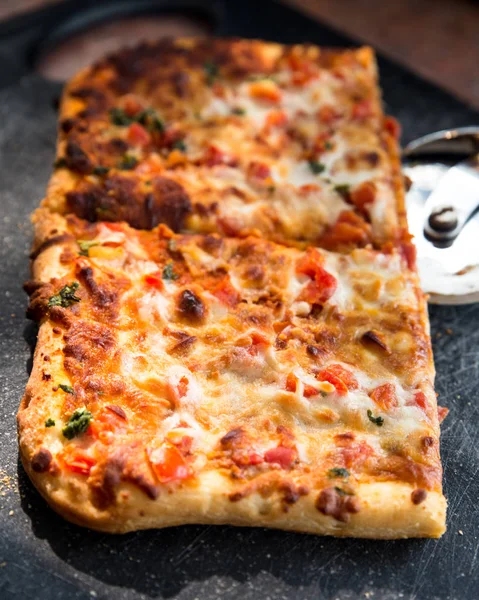 Square Slices Delicious Italian Style Margarita Pizza Board Cutter — Stock Photo, Image