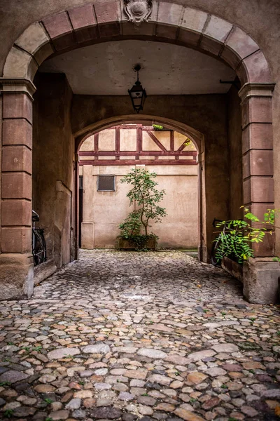 Entrada Arqueada Para Pátio Antigo Edifício Europeu Com Paralelepípedos Plantas — Fotografia de Stock