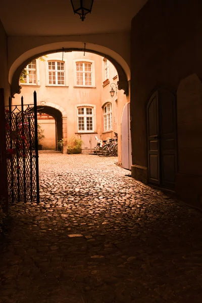 Entrada Arqueada Para Pátio Antigo Edifício Europeu Com Paralelepípedos Plantas — Fotografia de Stock