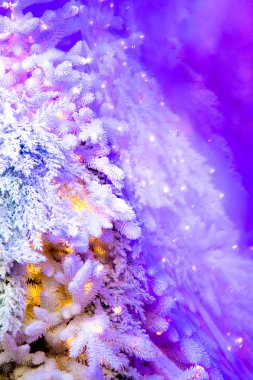 Güzel karlı kış zemin görüntü ile beyaz Noel ağacı ışıkları ile mor karşı