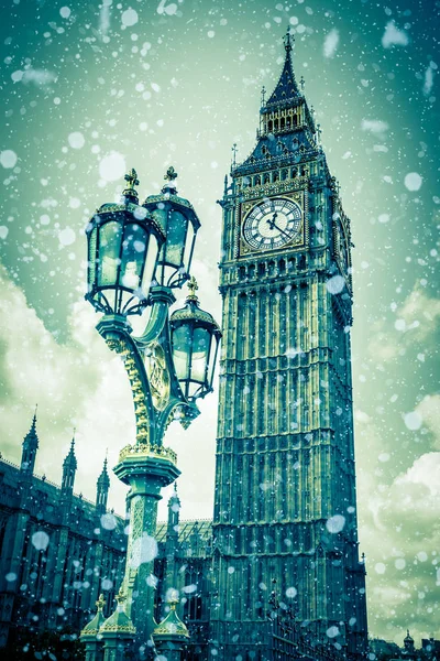 Zimní Londýn Snow Big Ben Vintage Pouliční Lampa — Stock fotografie