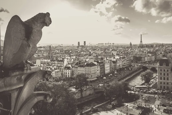 Gargoyle Notre Dame Cathedral Overlooking Cit Paris Vintage Retro Tone — Stock Photo, Image