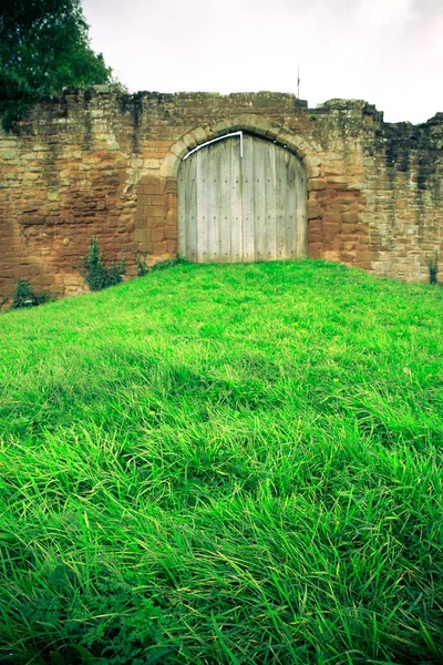 Grama Que Leva Até Parede Medieval Com Porta Madeira — Fotografia de Stock