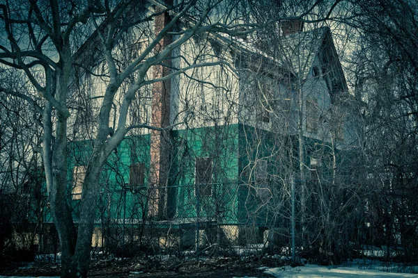 Casa Abandonada Emaranhado Galhos Árvores Nuas — Fotografia de Stock