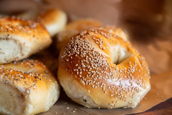 Választék Friss Sült Hiteles New York Stílusú Magot Bagel — Stock Fotó