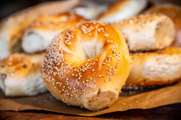 Sortimento Fresco Assado Autêntico New York Estilo Bagels Semente — Fotografia de Stock