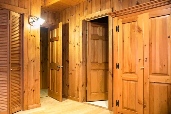Interior Room Doors Wood Paneling Beautiful Wooden Cabin — Stock Photo, Image