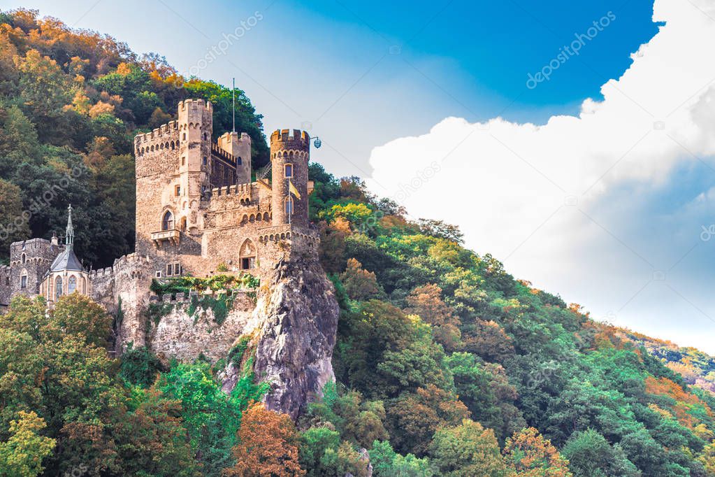 The beautiful Rheinstein Castle on hillside along the Rhine River in Germany