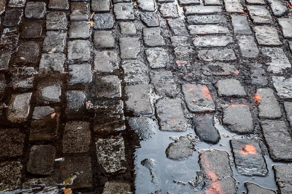 水たまりのあるグランジな石畳の通り ニューヨーク市 — ストック写真