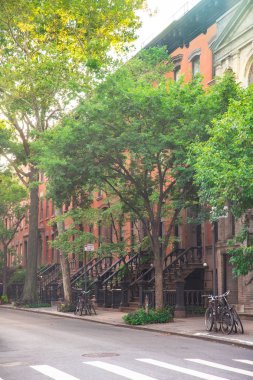 Brownstones daire evleri ve ağaçlar ile New York'tan Summer Street sahne. 