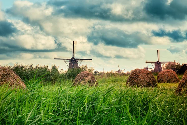 Beaux Moulins Hollandais Paysage Sous Ciel Dramatique — Photo