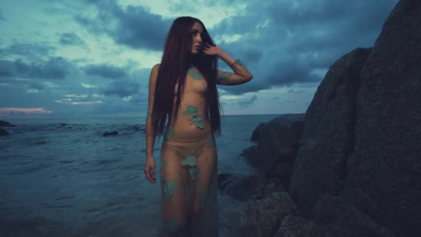 Geheimnisvolle Schönheit Strand Bei Sonnenuntergang Schöne Geheimnisvolle Frau Langem Kleid — Stockvideo