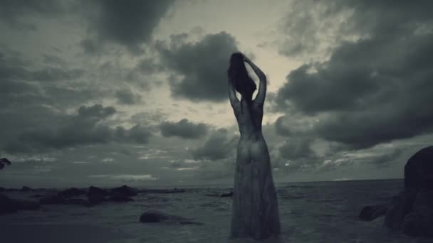 Geheimnisvolle Schönheit Strand Bei Sonnenuntergang Rückansicht Der Schönen Geheimnisvollen Frau — Stockvideo
