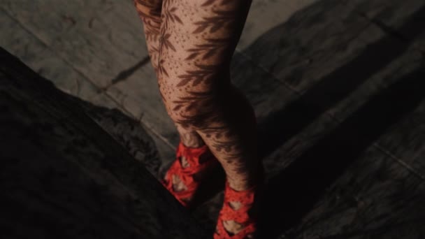 Closeup Woman Legs Lace Curtain Pattern Shadow Light Rays Closeup — Stock Video