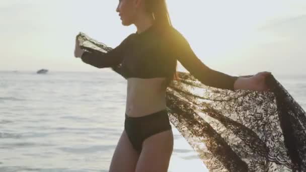 Beautiful Woman Beach Playing Lace Scarf Sunset Beautiful Woman Black — Stock Video