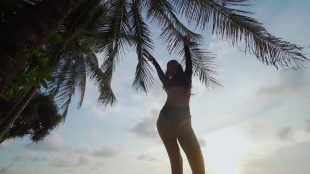 Hermosa Mujer Bailando Playa Vista Inferior Hermosa Mujer Traje Baño — Vídeos de Stock