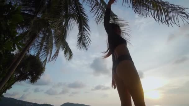 Mooie Vrouw Dansen Het Strand Onderste Weergave Van Mooie Vrouw — Stockvideo