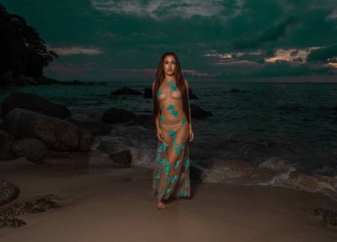 Beautiful mysterious woman in long dress standing at the sandy beach over sea and cloudy sunset sky background