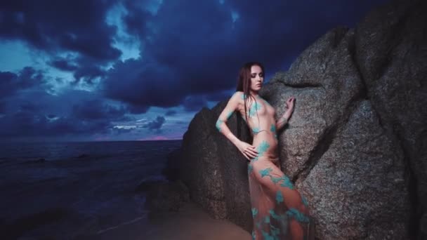 Beleza Misteriosa Praia Durante Pôr Sol Mulher Misteriosa Bonita Vestido — Vídeo de Stock