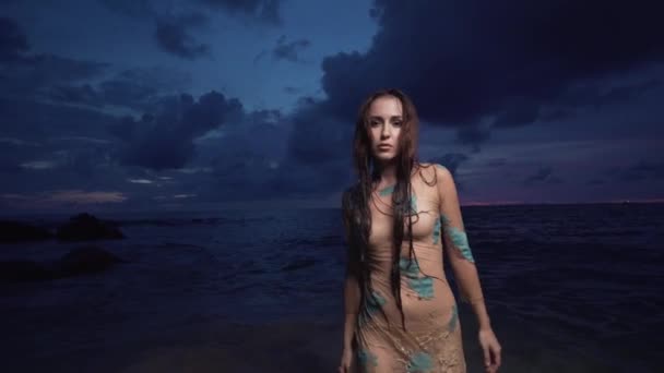 美しい海と曇り夕焼け背景の岩の近くの砂浜のビーチでの長いドレスで神秘的な女性の中にビーチで神秘的な美しさ — ストック動画