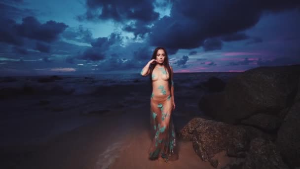 Mysterieuze Schoonheid Het Strand Tijdens Zonsondergang Beautiful Mysterieuze Vrouw Lange — Stockvideo