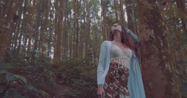 在朦胧的森林里美丽的女人 美丽的黑发女人漫步在朦胧的热带山地森林 视频慢动作 — 图库视频影像