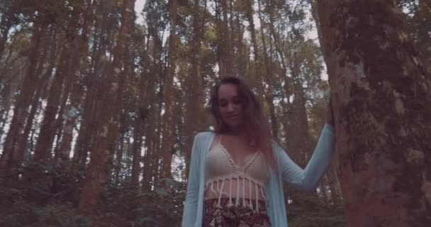 Beautiful Woman Hazy Forest Beautiful Brunette Woman Walking Hazy Tropical — Stock Video