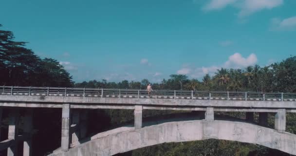 Widok Anteny Drone Dziewczyna Stojąc Moście Widok Kanion Rainforest Most — Wideo stockowe