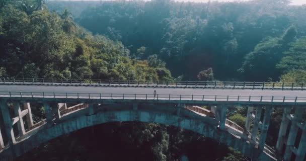 空中无人机视图的女孩站在桥上 印尼巴厘岛雨林峡谷与桥梁景观 — 图库视频影像